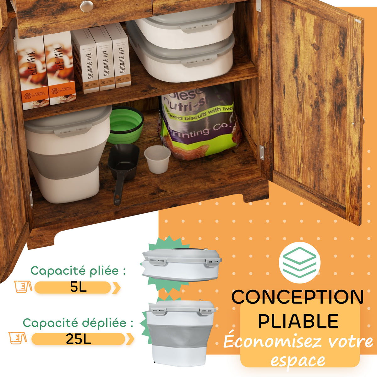 Conteneur à croquettes pliable 25 L, hermétique, à roulettes – gris