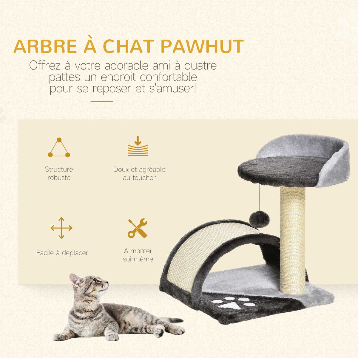 Arbre à chat griffoir avec jeu de boule et plateforme – gris foncé