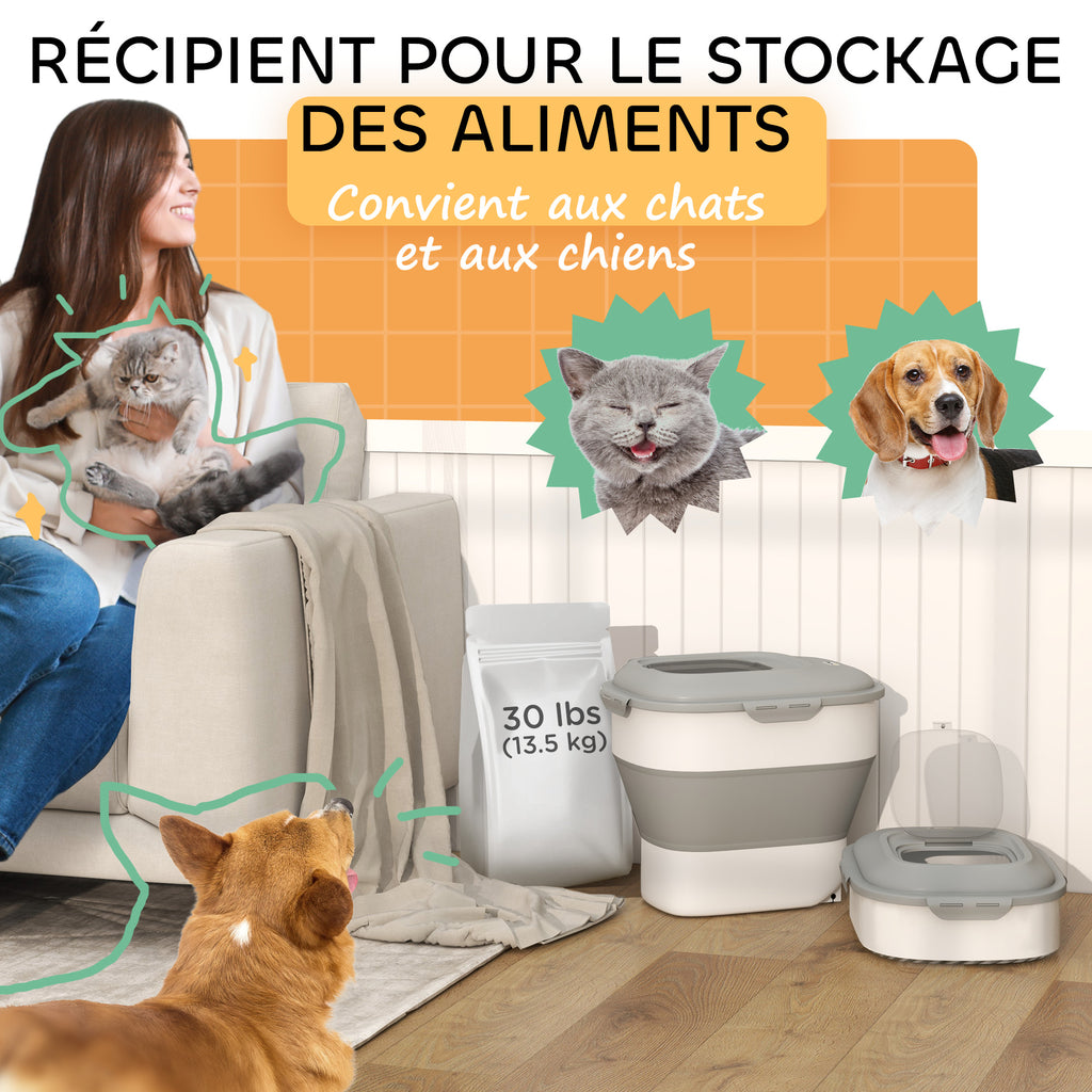 Conteneur à croquettes pliable 25 L, hermétique, à roulettes – gris