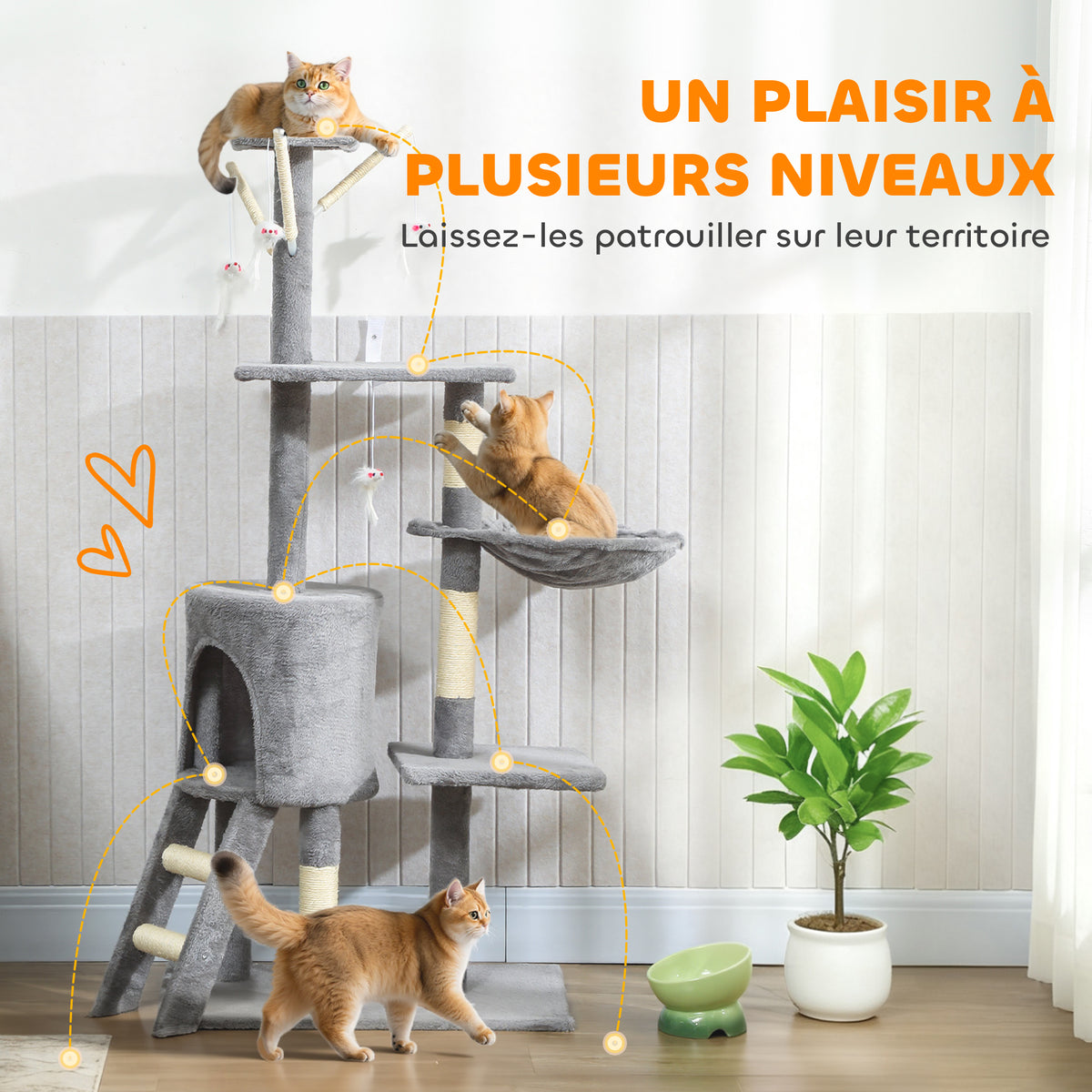 Arbre à chat multi-niveaux avec niche et hamac, 134 cm – gris