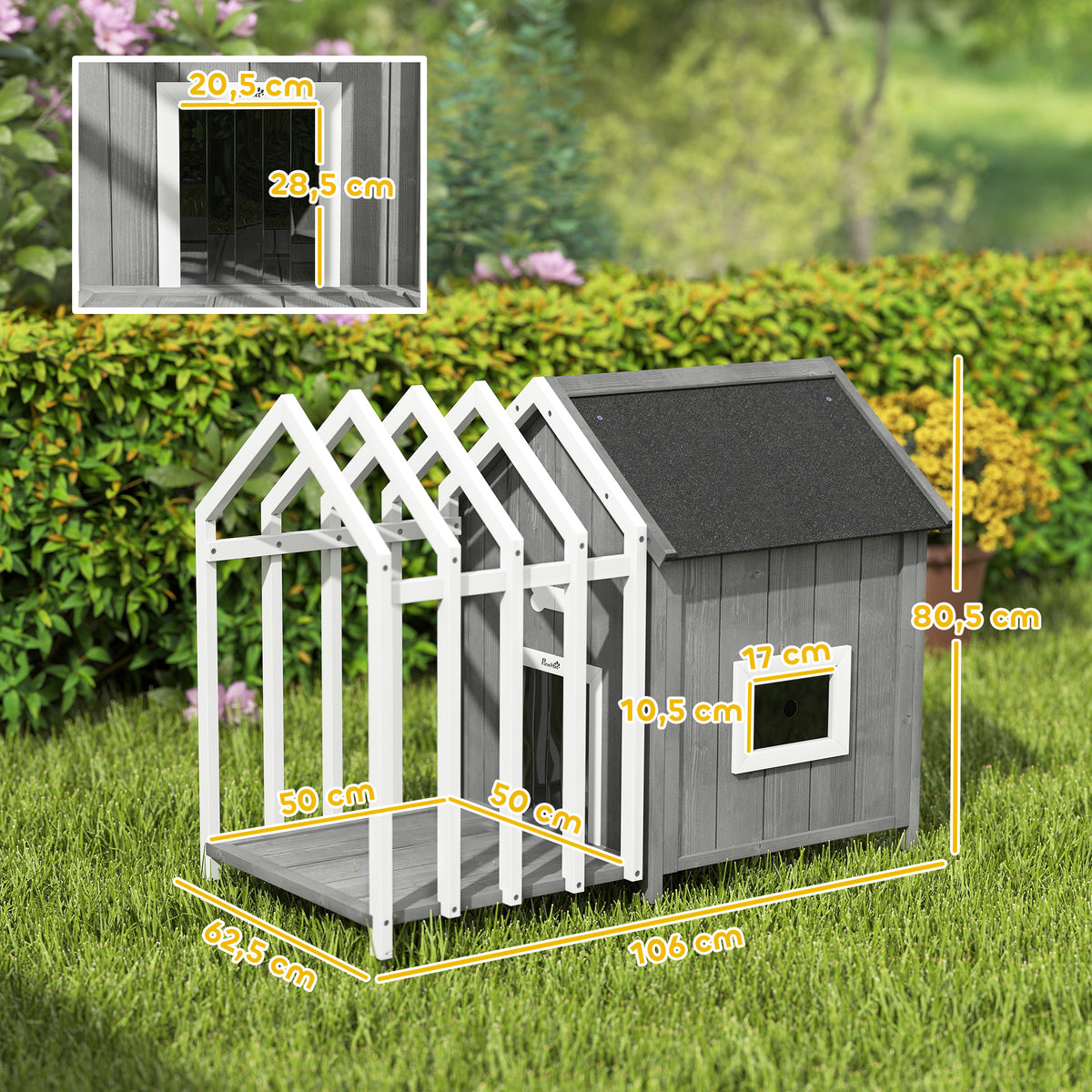 Niche pour chien d'extérieur en bois avec terrasse – grise