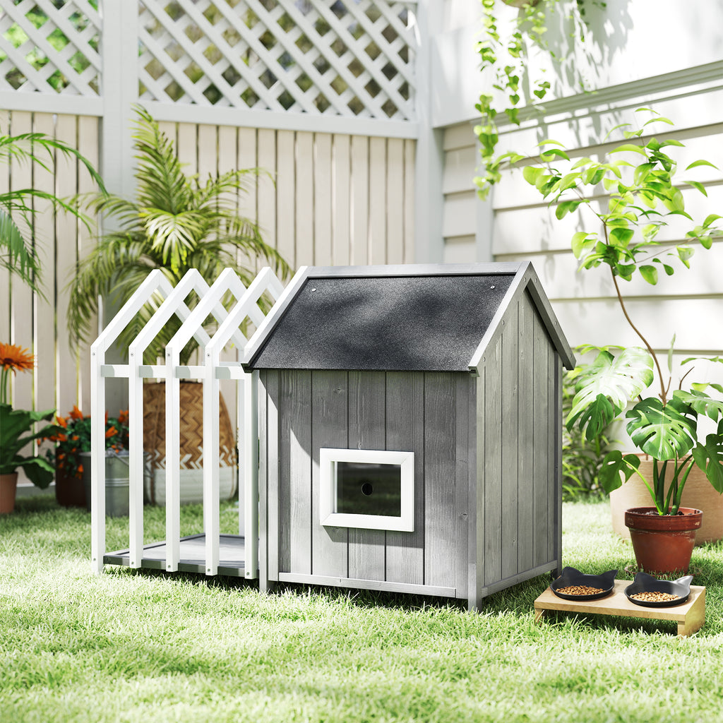 Niche pour chien d'extérieur en bois avec terrasse – grise