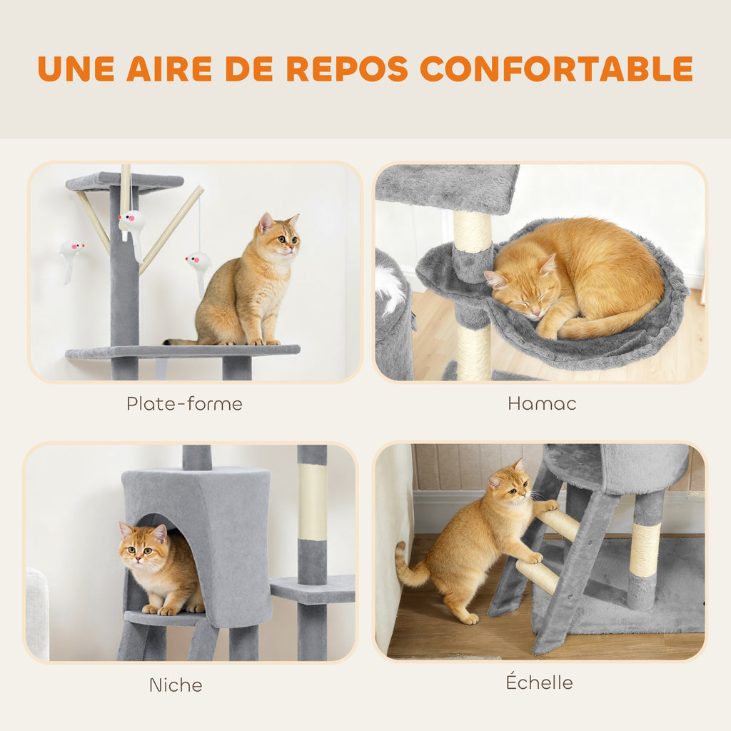 Arbre à chat multi-niveaux avec niche et hamac, 134 cm – gris