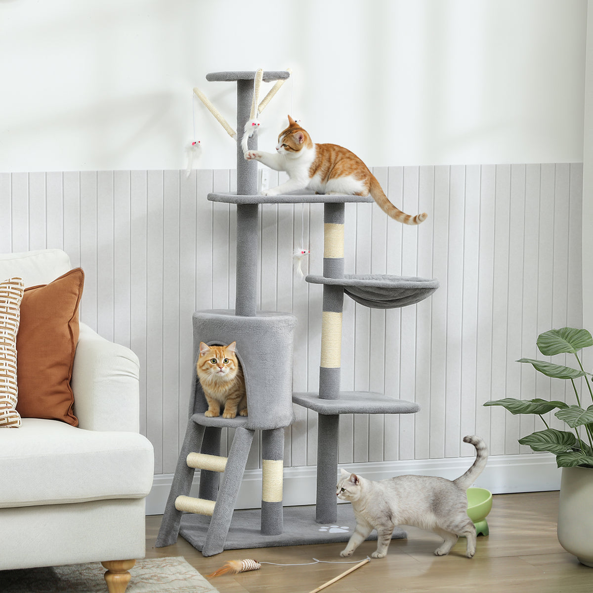 Arbre à chat multi-niveaux avec niche et hamac, 134 cm – gris