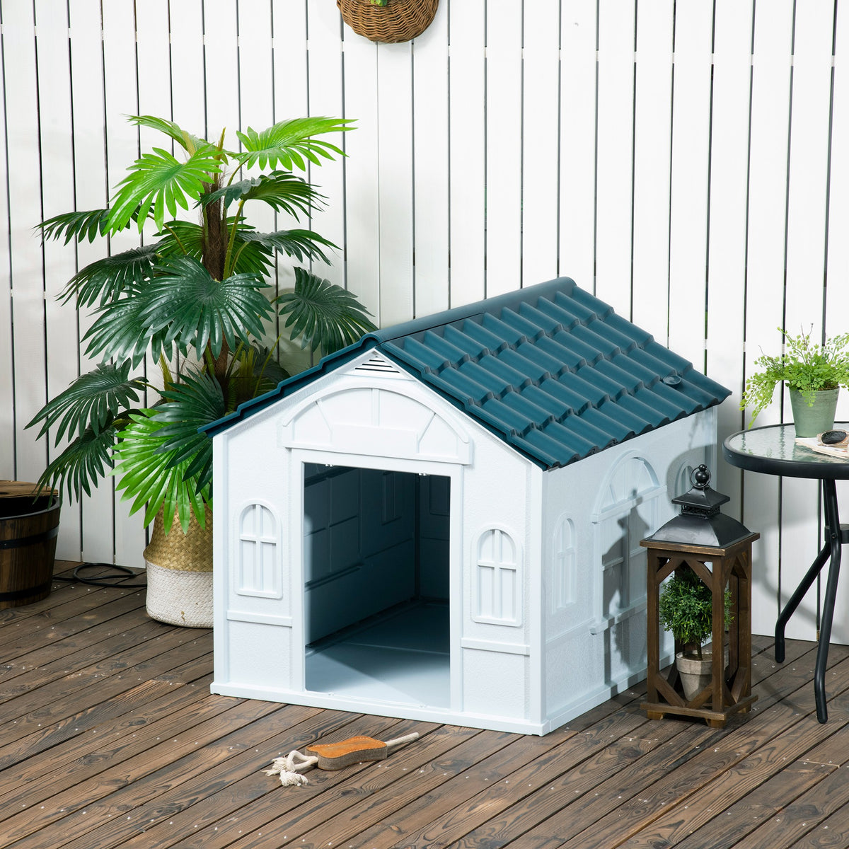 Niche pour chien d'extérieur avec toit en pente – bleue