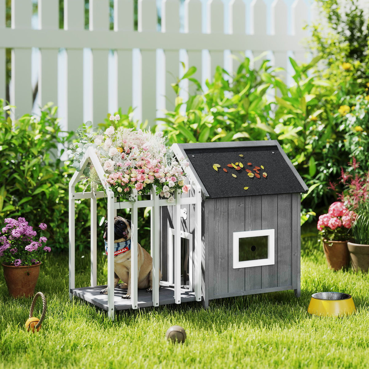 Niche pour chien d'extérieur en bois avec terrasse – grise