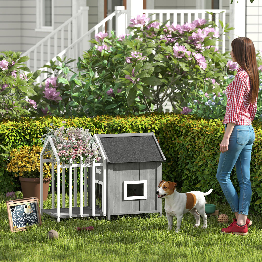 Niche pour chien d'extérieur en bois avec terrasse – grise