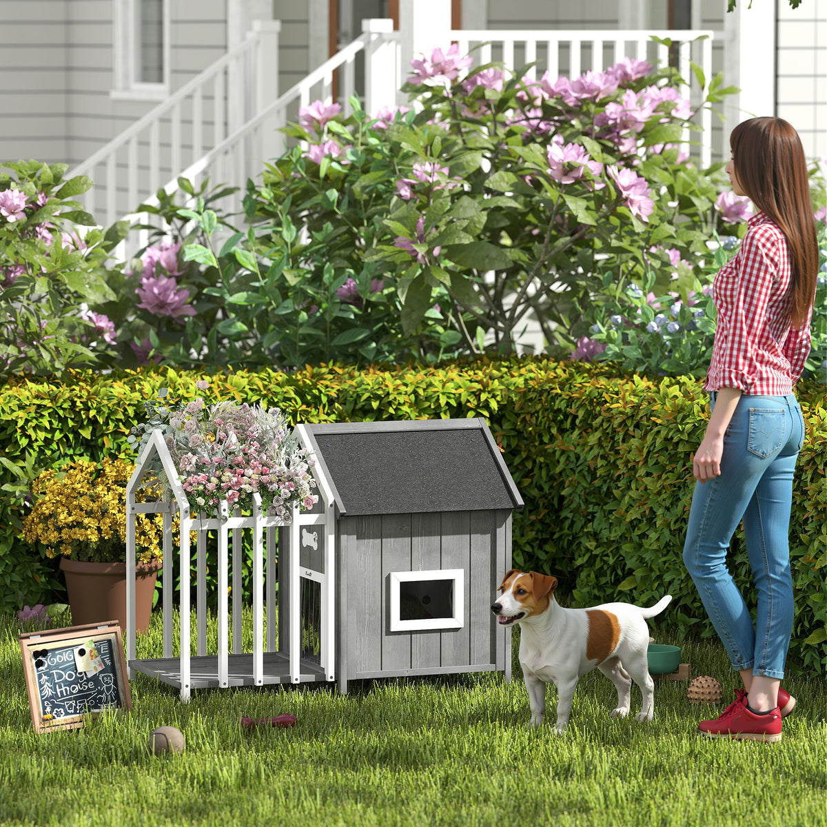 Niche pour chien d'extérieur en bois avec terrasse – grise