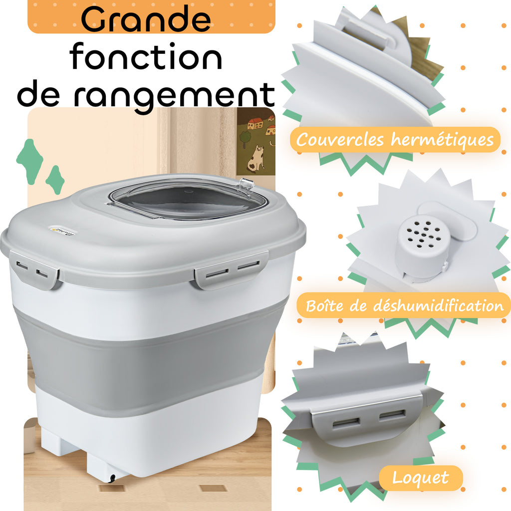 Conteneur à croquettes pliable 25 L, hermétique, à roulettes – gris