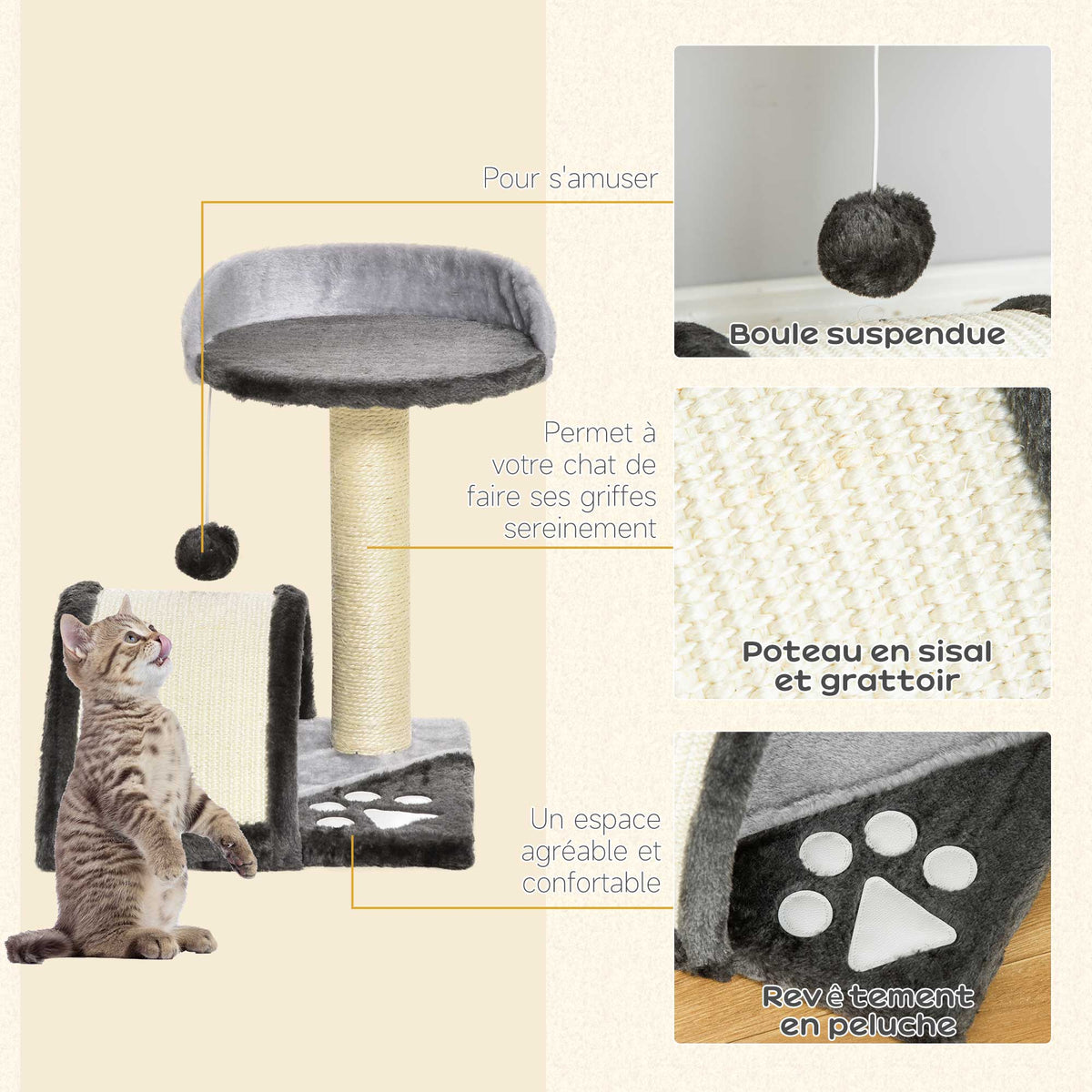 Arbre à chat griffoir avec jeu de boule et plateforme – gris foncé