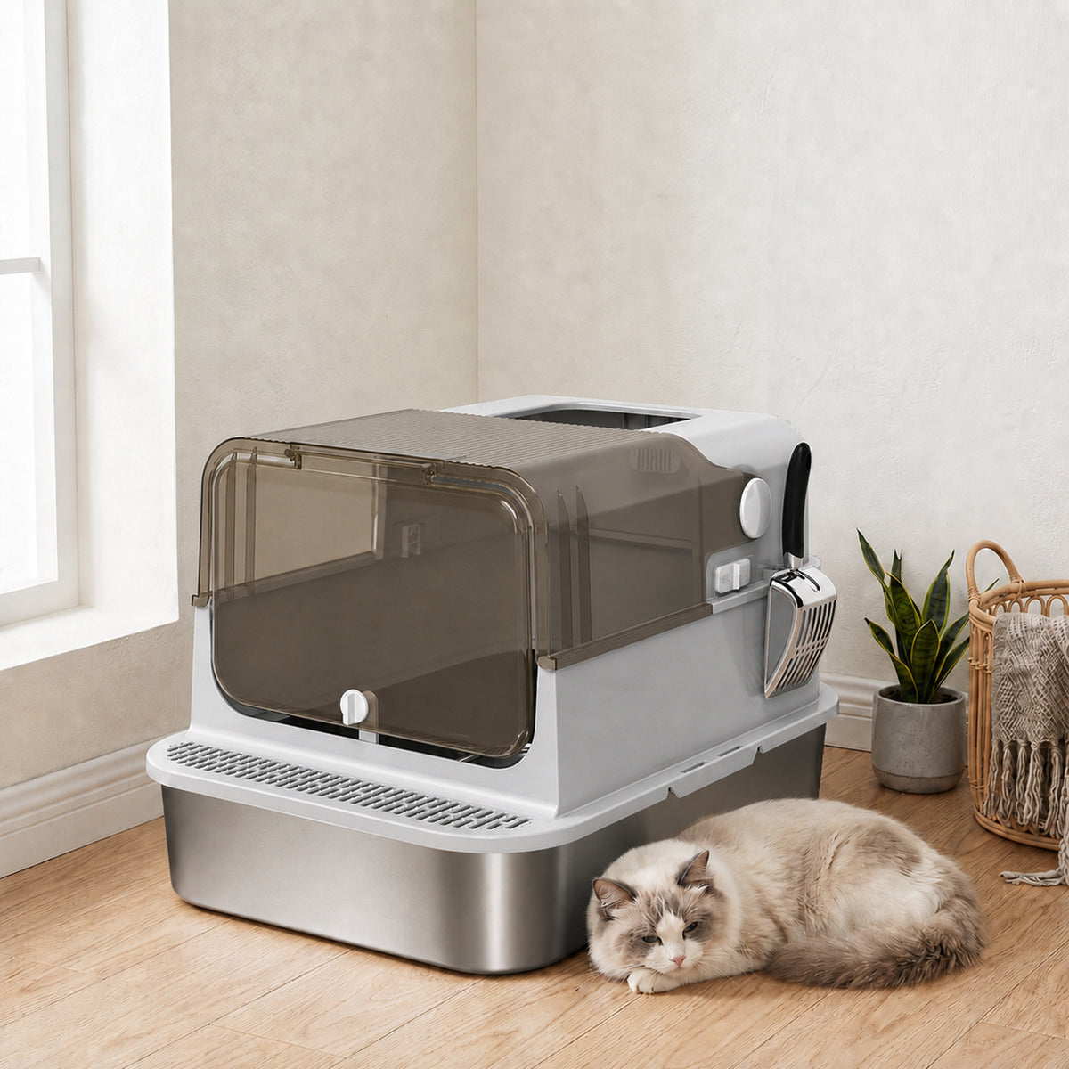 Maison de toilette XXL pour chat en inox – grise
