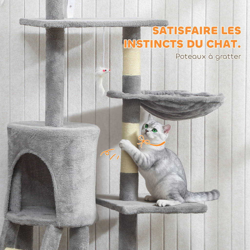Arbre à chat multi-niveaux avec niche et hamac, 134 cm – gris