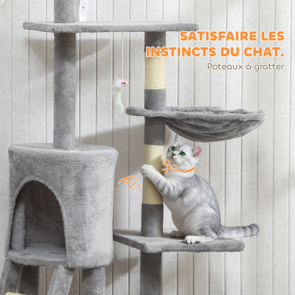 Arbre à chat multi-niveaux avec niche et hamac, 134 cm – gris