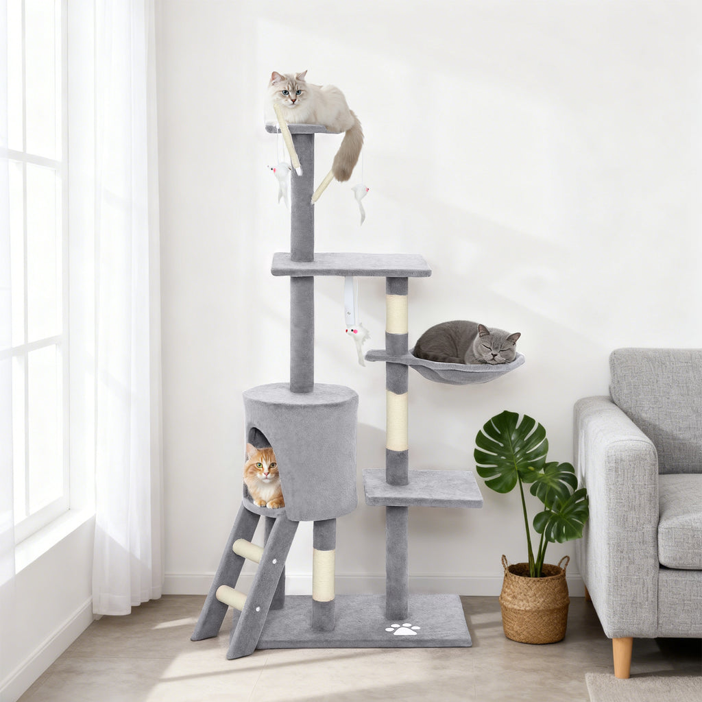 Arbre à chat multi-niveaux avec niche et hamac, 134 cm – gris