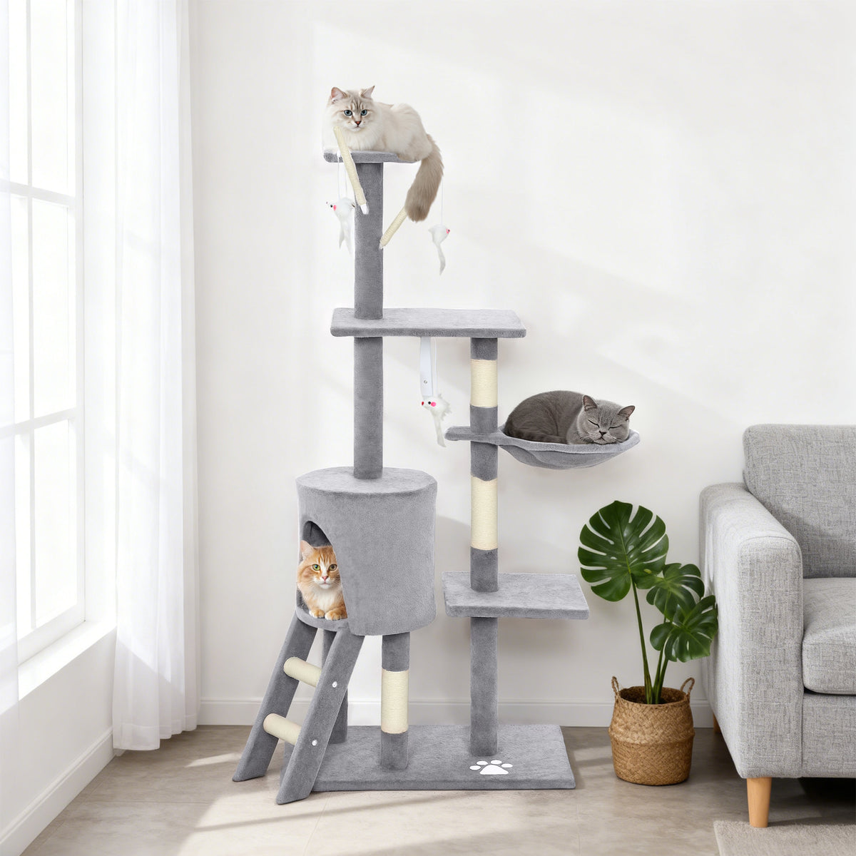 Arbre à chat multi-niveaux avec niche et hamac, 134 cm – gris