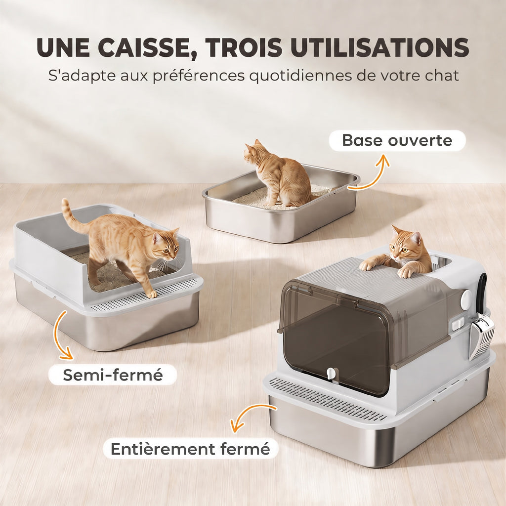 Maison de toilette XXL pour chat en inox – grise