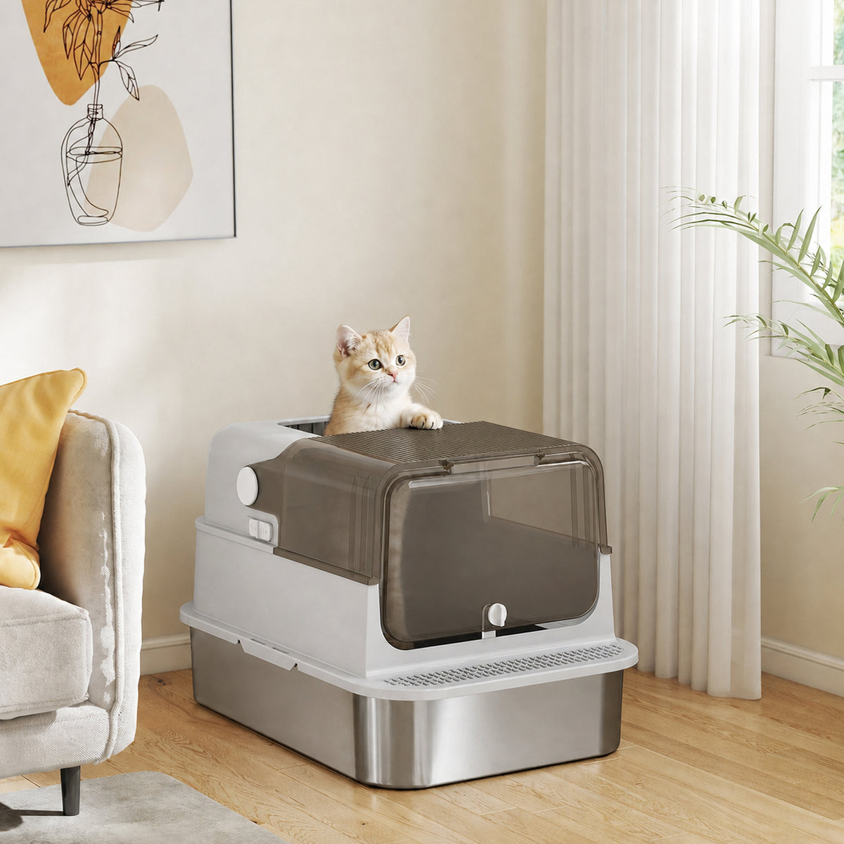 Maison de toilette XXL pour chat en inox – grise