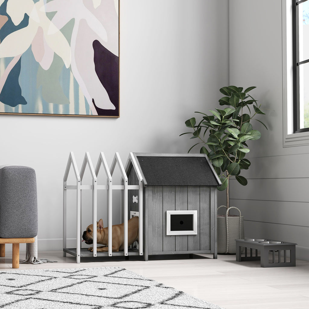 Niche pour chien d'extérieur en bois avec terrasse – grise