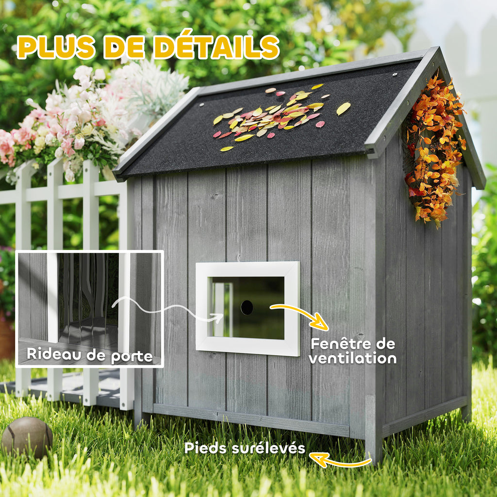 Niche pour chien d'extérieur en bois avec terrasse – grise