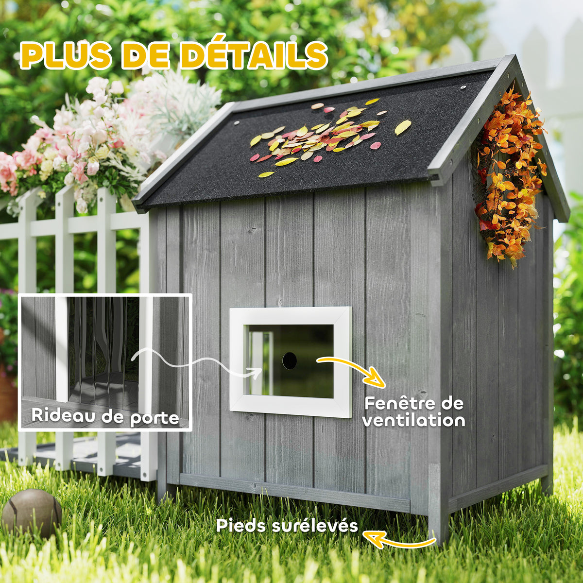 Niche pour chien d'extérieur en bois avec terrasse – grise