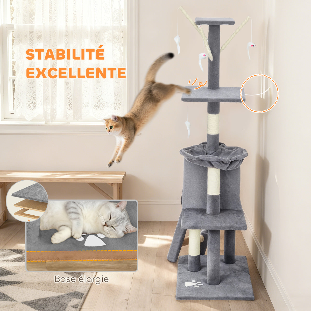 Arbre à chat multi-niveaux avec niche et hamac, 134 cm – gris