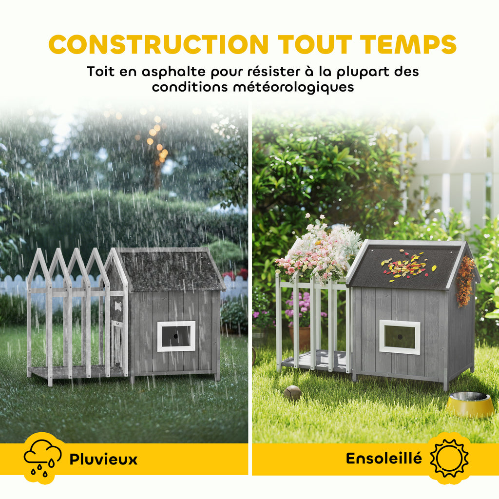 Niche pour chien d'extérieur en bois avec terrasse – grise