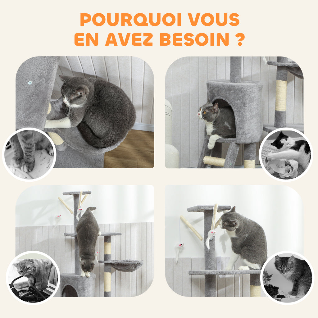 Arbre à chat multi-niveaux avec niche et hamac, 134 cm – gris