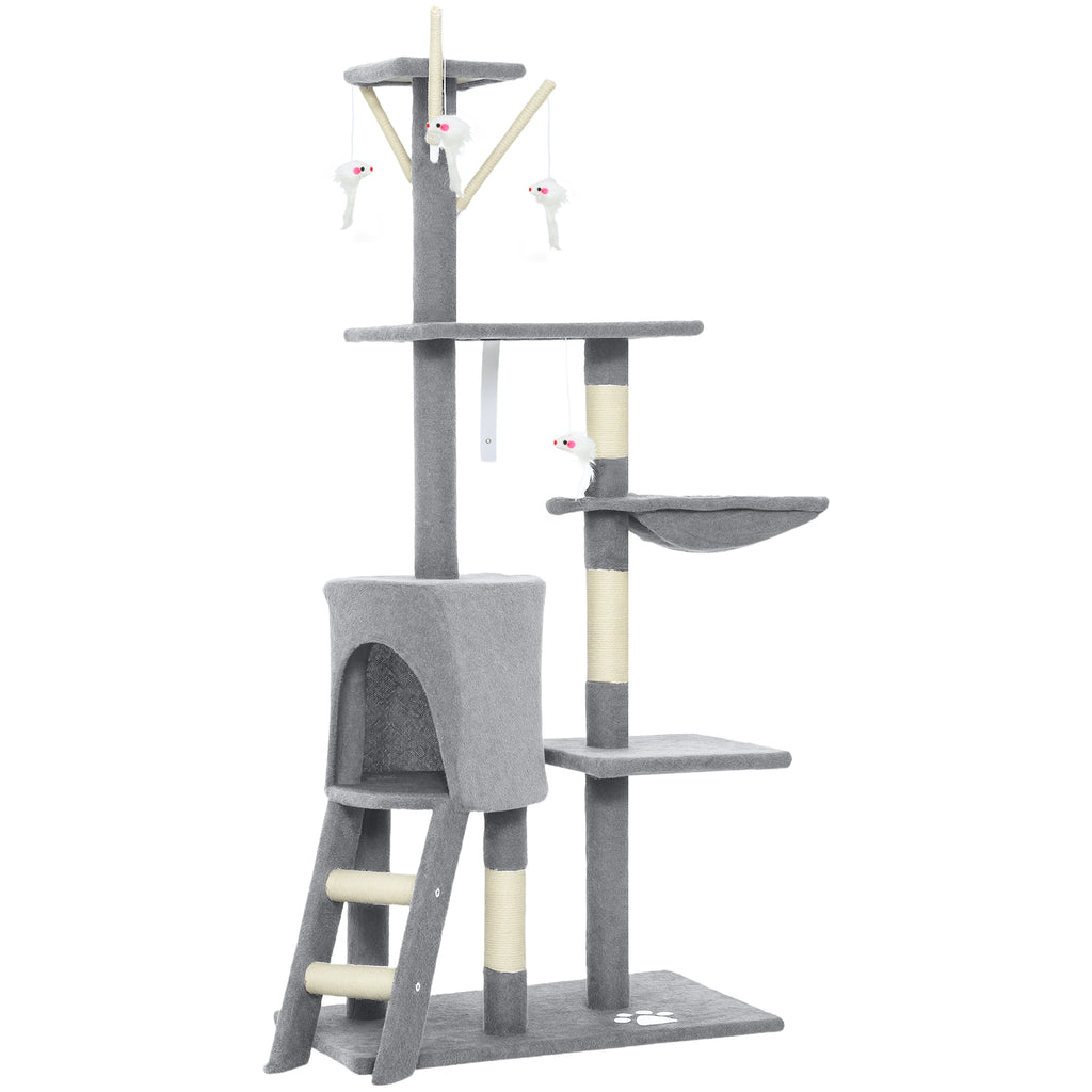 Arbre à chat multi-niveaux avec niche et hamac, 134 cm – gris