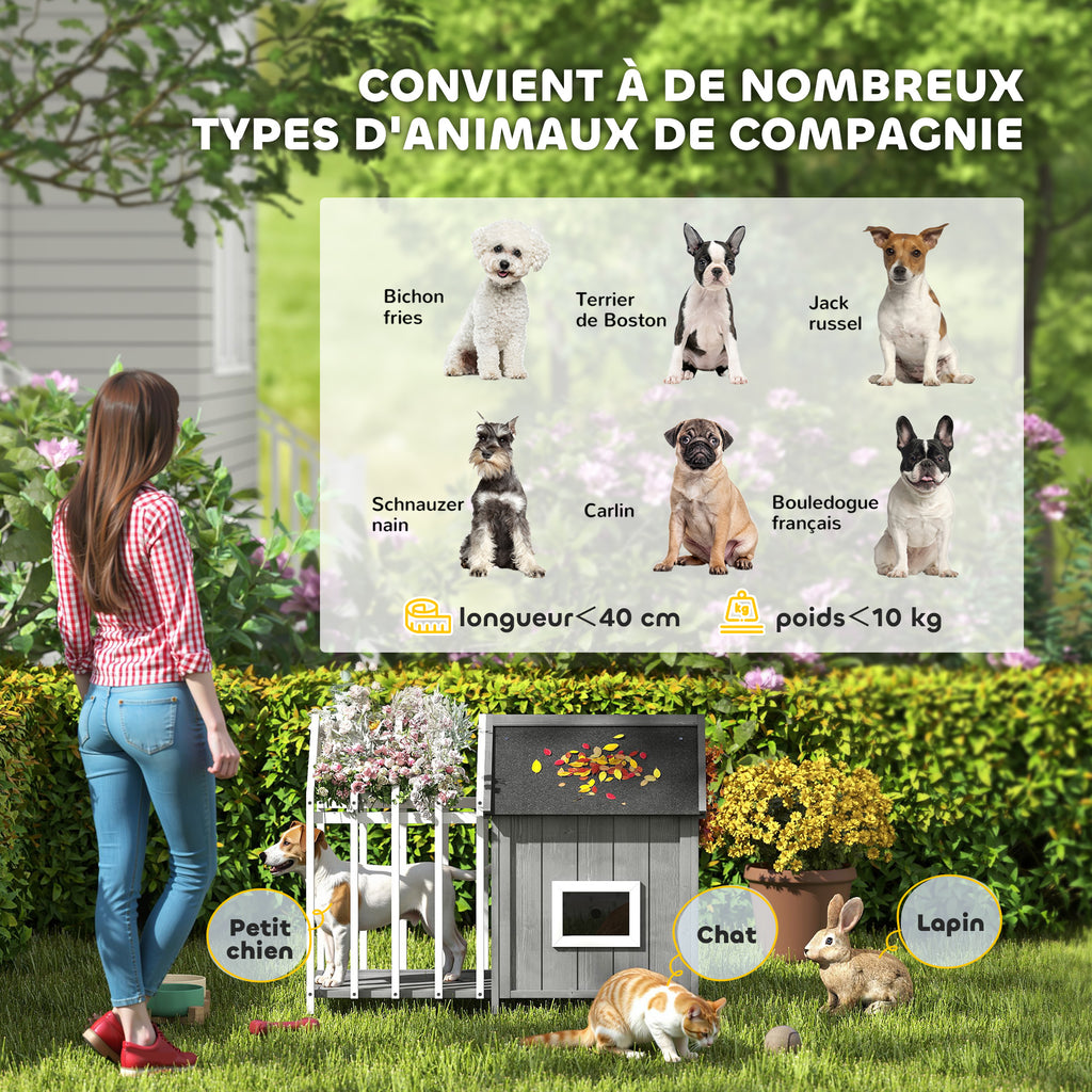 Niche pour chien d'extérieur en bois avec terrasse – grise