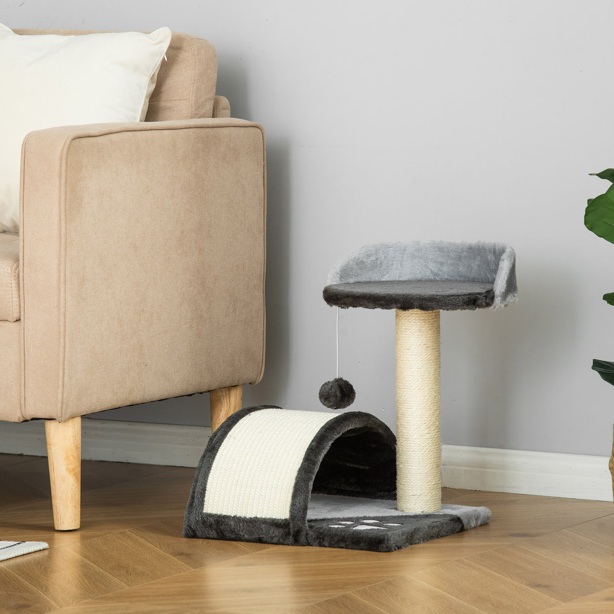 Arbre à chat griffoir avec jeu de boule et plateforme – gris foncé