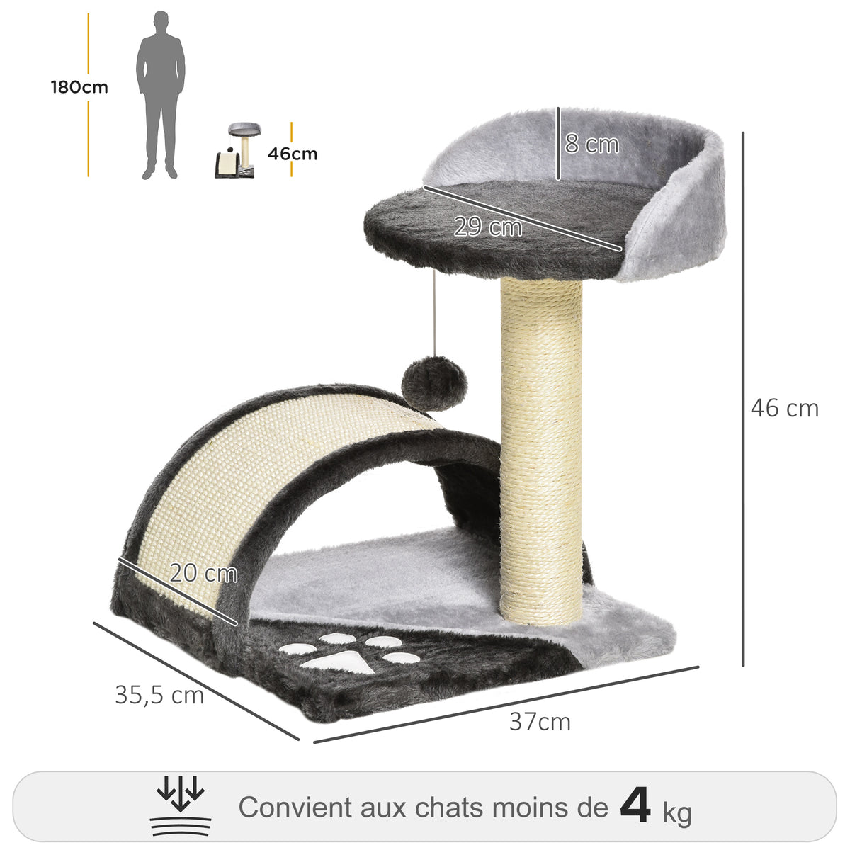 Arbre à chat griffoir avec jeu de boule et plateforme – gris foncé