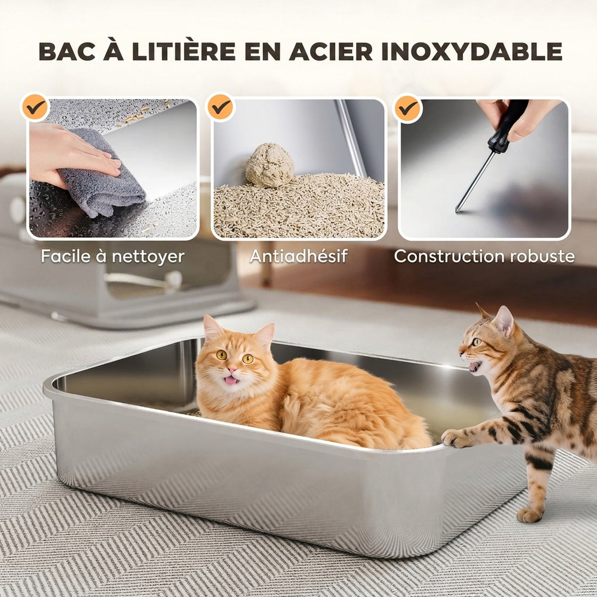 Maison de toilette XXL pour chat en inox – grise