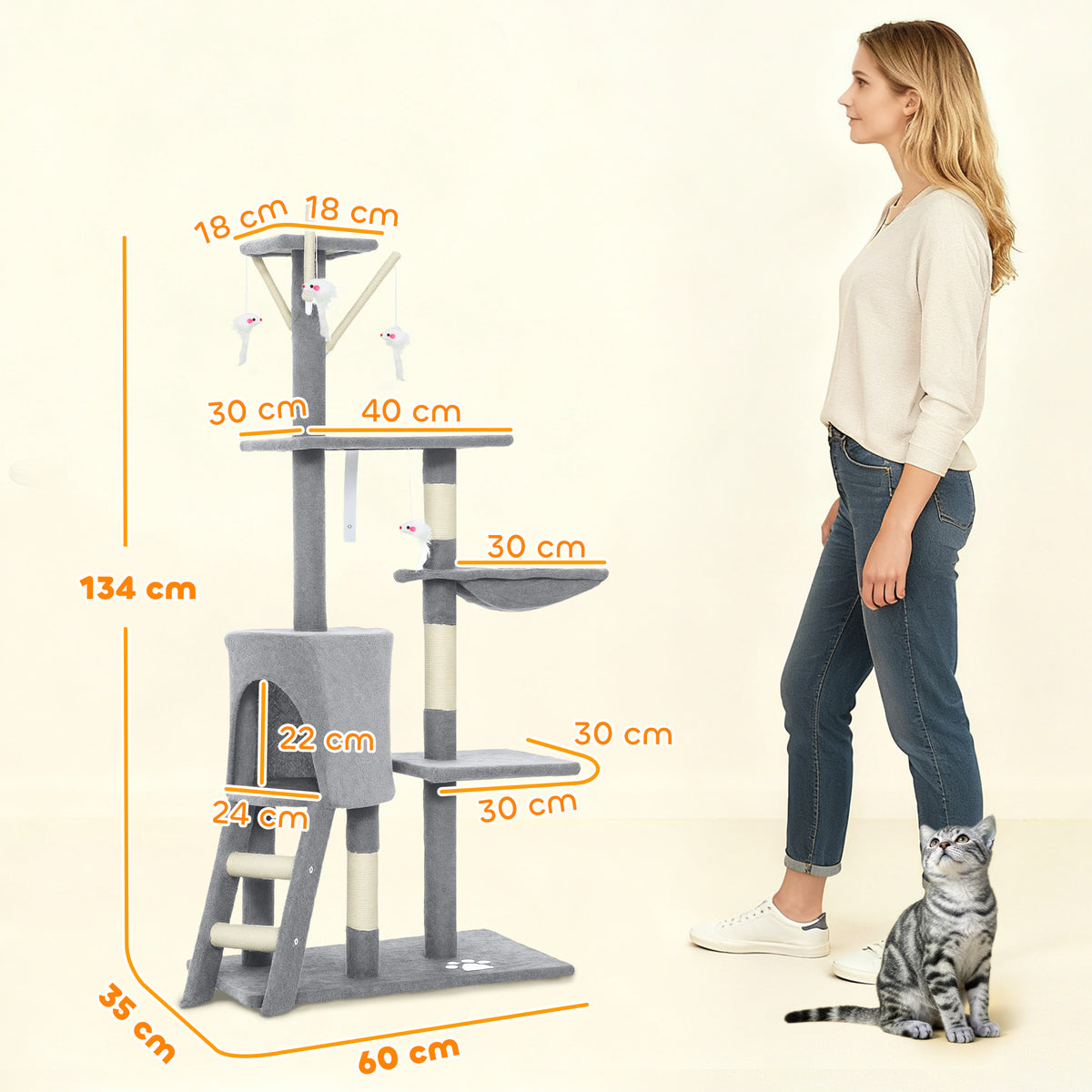 Arbre à chat multi-niveaux avec niche et hamac, 134 cm – gris