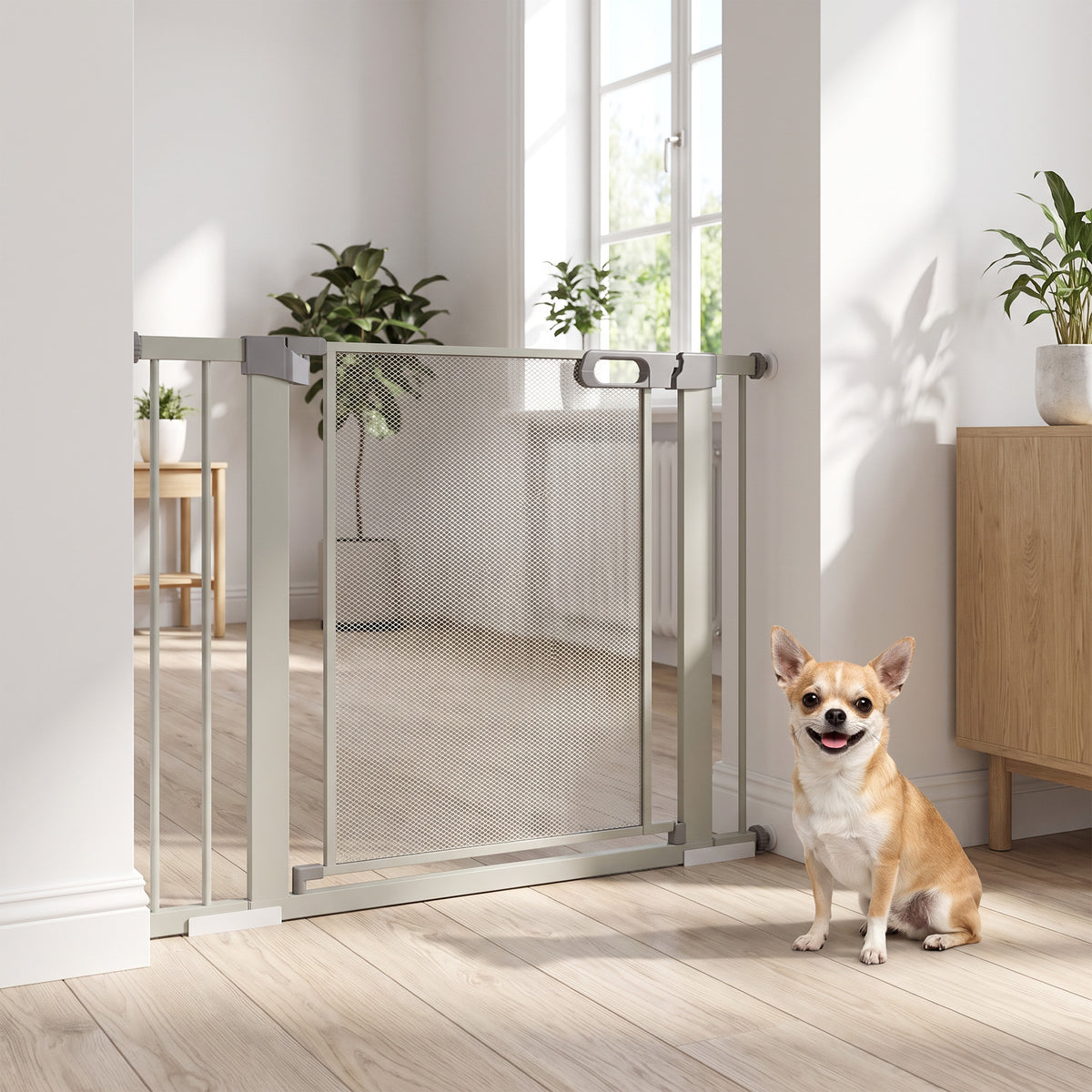 Barrière de sécurité pour animaux à fermeture automatique, 75-103 cm – grise