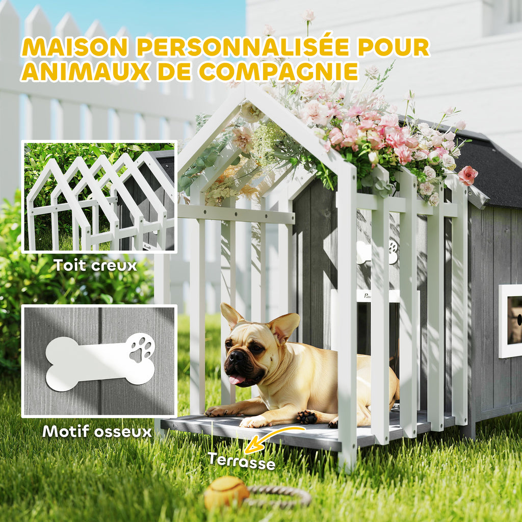 Niche pour chien d'extérieur en bois avec terrasse – grise