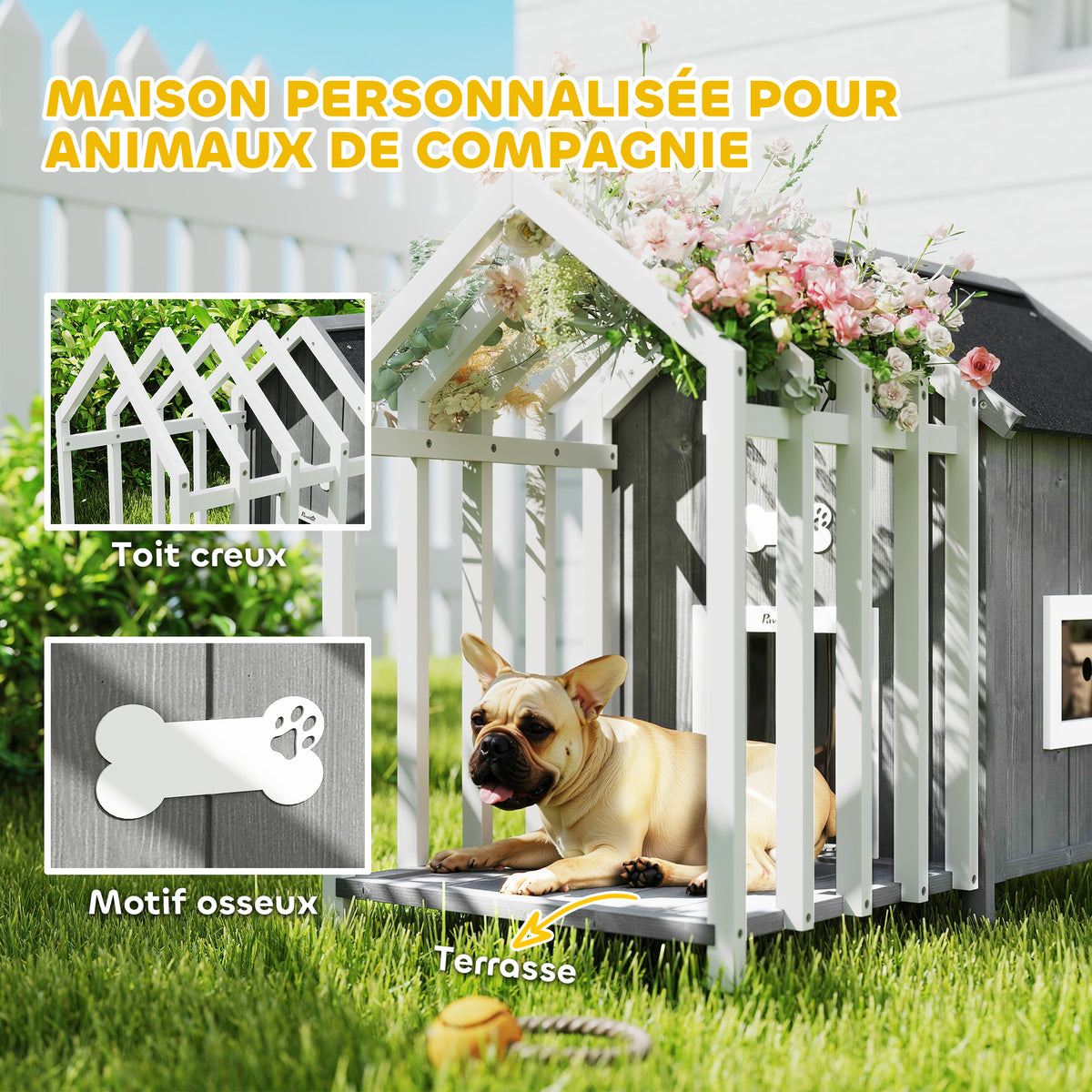 Niche pour chien d'extérieur en bois avec terrasse – grise