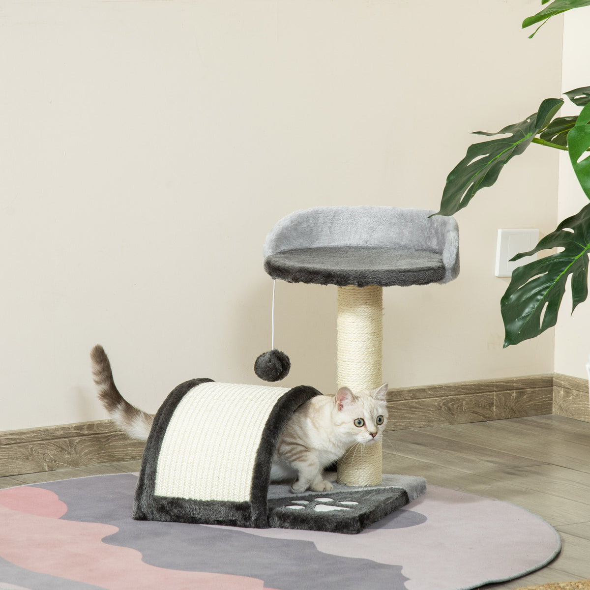 Arbre à chat griffoir avec jeu de boule et plateforme – gris foncé